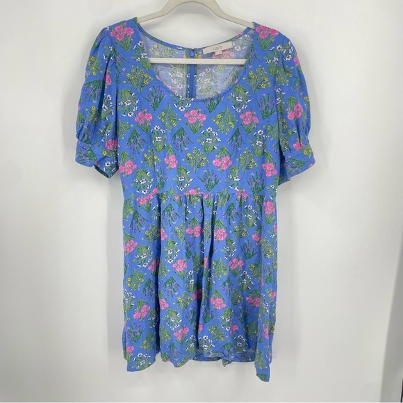 Loft Women’s Floral Puff Sleeve Blue Floral Linen-Blend Dress Size 10 Easter - Picture 1 of 9